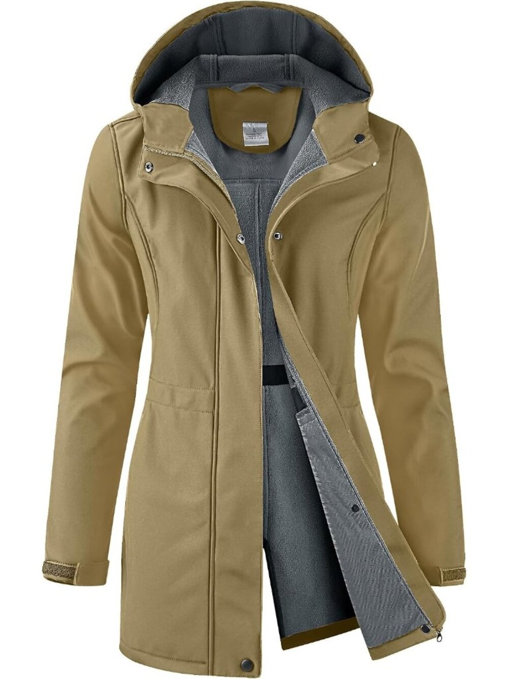 Women's Tan Hooded Fleece Lined Waterproof Hiking Softshell Long Rain Jacket